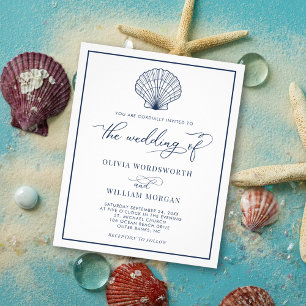 Prospectus 11,4 Cm X 14,2 Cm Budget Beach Seashell Mariage Inviter White Navy