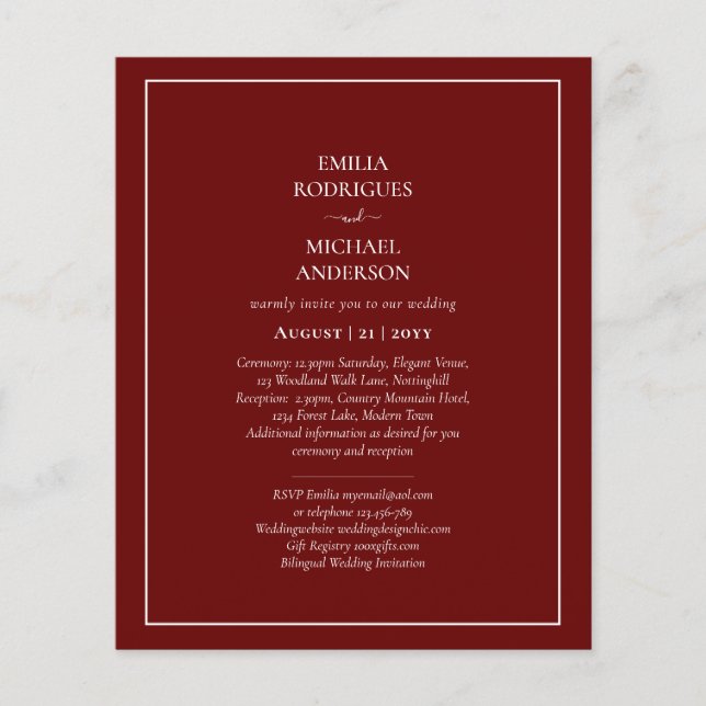 Prospectus 11,4 Cm X 14,2 Cm Budget bilingue Bourgogne Mariage Boda Invitation (Devant)
