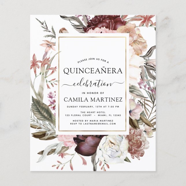 Prospectus 11,4 Cm X 14,2 Cm Budget Boho Bourgogne Quinceañera Invitation (Devant)