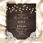 Prospectus 11,4 Cm X 14,2 Cm Budget Boho Rustique Mason Jarres Mariage Flyer<br><div class="desc">Le Boho rustique faire-part de mariage dispose de lampes à cordes et de bocaux de maçon sur un arrière - plan en bois.</div>