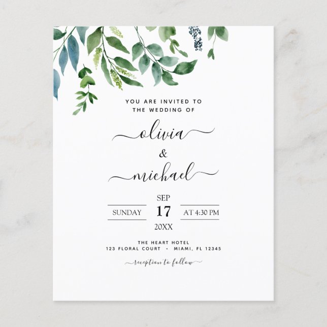 Prospectus 11,4 Cm X 14,2 Cm Budget Botanique Verdure Invitations de mariage (Devant)