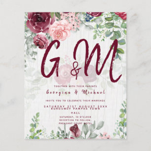 Prospectus 11,4 Cm X 14,2 Cm BUDGET Bourgogne Blush Rose Floral Wedding INVITE
