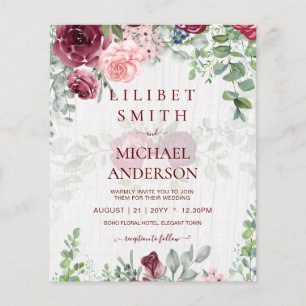 Prospectus 11,4 Cm X 14,2 Cm BUDGET Bourgogne Blush Rose Floral Wedding INVITE