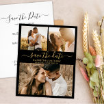 Prospectus 11,4 Cm X 14,2 Cm Budget Chic Script Photo Collage Enregistrer La Da<br><div class="desc">Élégant budget moderne noir et or script 3 photo collage mariage enregistrer la date faire-part personnalisé abordable petit budget flyer. Le modèle design minimaliste chic comporte trois (3) collages photo de couple et élégant écriture manuscrite cursive script de typographie "Save the Date" texte en or sur couleur arrière - plan...</div>