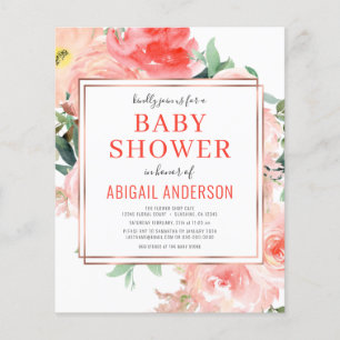 Prospectus 11,4 Cm X 14,2 Cm Budget Coral Floral Pêche Baby shower Invitation
