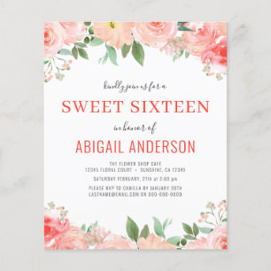 Prospectus 11,4 Cm X 14,2 Cm Budget Coral Floral Sweet 16 Anniversaire Invitati
