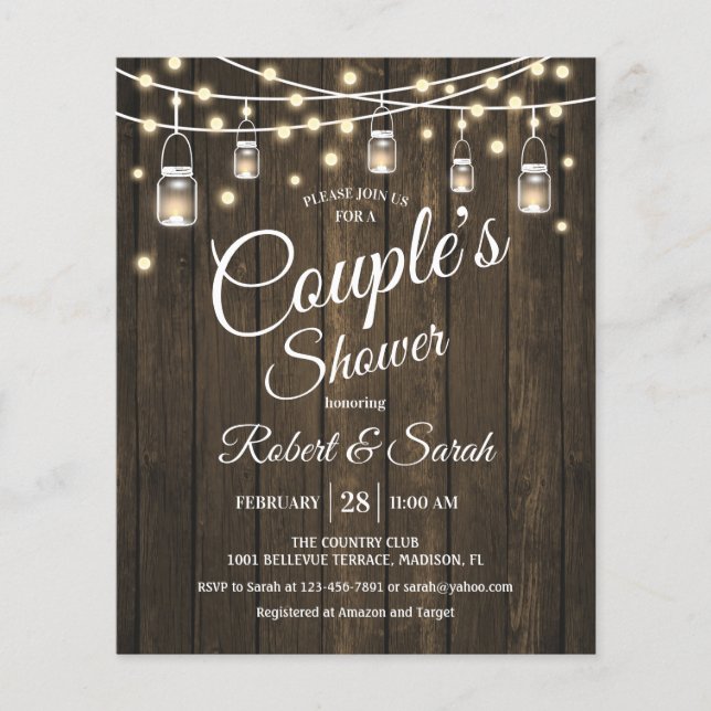 Prospectus 11,4 Cm X 14,2 Cm Budget Couple's Shower Rustic Wood Invitation (Devant)