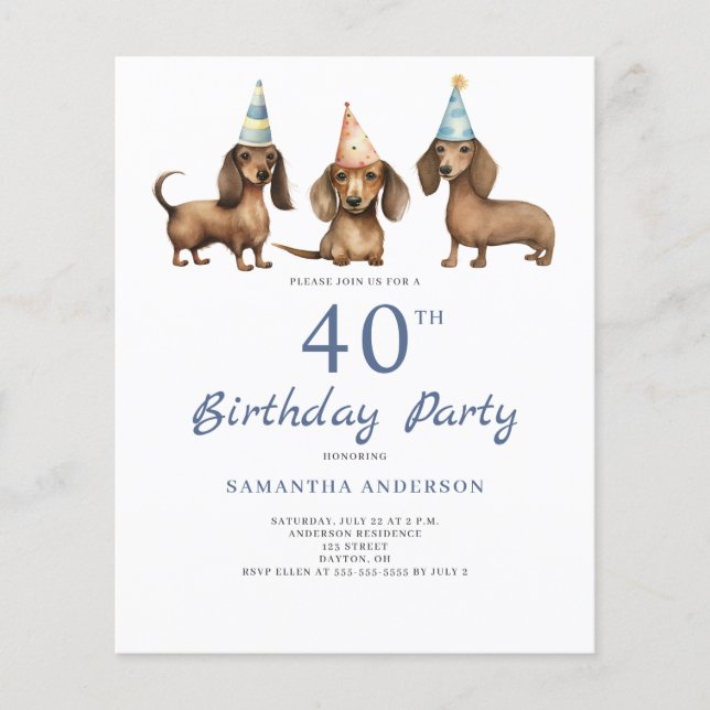 Prospectus 11,4 Cm X 14,2 Cm Budget Dachshund Chien 40e anniversaire Invitation (Devant)