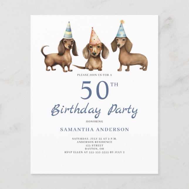Prospectus 11,4 Cm X 14,2 Cm Budget Dachshund Chien 50e Invitation anniversaire (Devant)