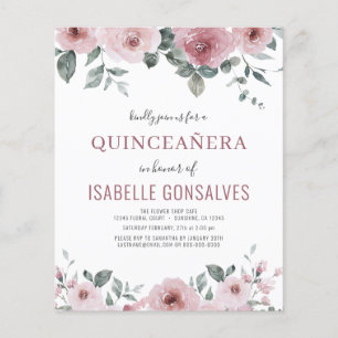 Prospectus 11,4 Cm X 14,2 Cm Budget Dusty Rose Floral QUINCEAÑERA Invitation