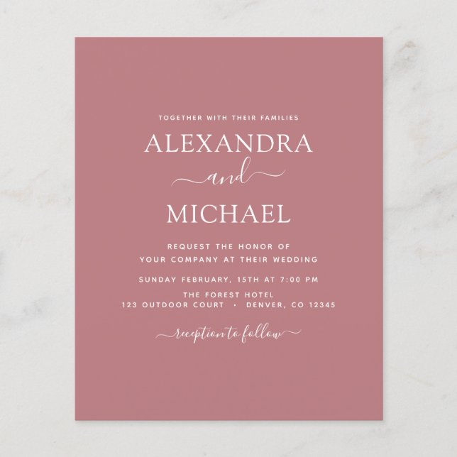 Prospectus 11,4 Cm X 14,2 Cm Budget Dusty Rose Mariage Invitation moderne (Devant)