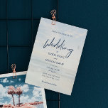 Prospectus 11,4 Cm X 14,2 Cm Budget Élégant Photo Plage Mariage Invitations<br><div class="desc">Un minimaliste élégant noir et blanc élégant Faire-part de mariage photo avec un design simple et moderne avec calligraphie blanc et bleu marine,  écriture manuscrite,  grands espaces blancs et 2 photos d'arrière - plans tropicaux paradisiaques. Créez facilement votre propre design graphique de faire-part de mariage budgétaire.</div>