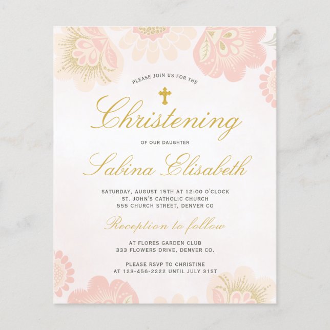Prospectus 11,4 Cm X 14,2 Cm Budget floral elegant Christening Invitation (Devant)