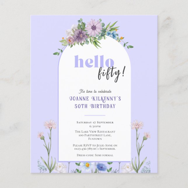 Prospectus 11,4 Cm X 14,2 Cm Budget Florals Lavender Invitation d'anniversaire (Devant)