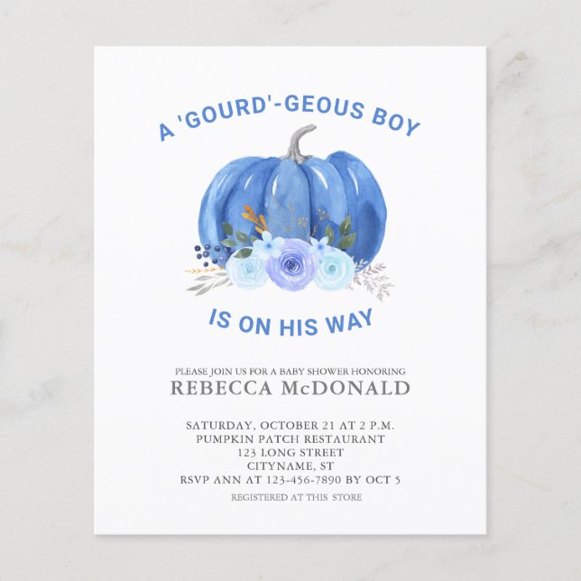 Prospectus 11,4 Cm X 14,2 Cm Budget Fun Blue Citrouille Baby Boy Shower Invitat (Devant)