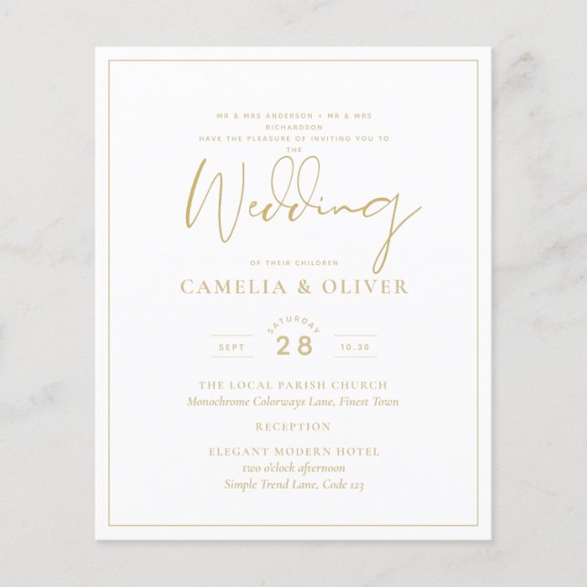 Prospectus 11,4 Cm X 14,2 Cm Budget Gold White Elegant Wedding Invitation (Devant)