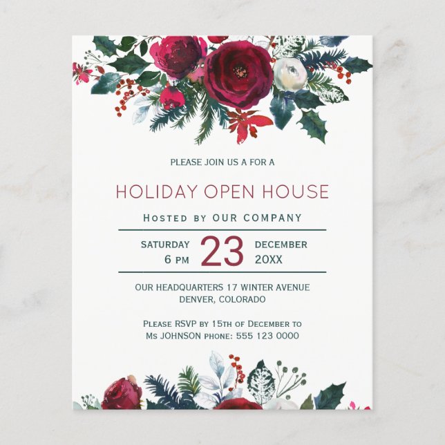 Prospectus 11,4 Cm X 14,2 Cm Budget hiver rouge fleurs vacances invitation (Devant)
