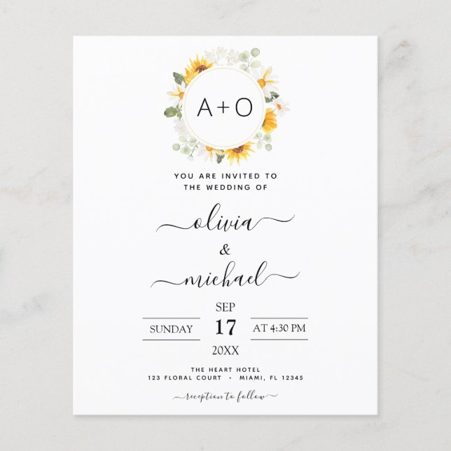 Prospectus 11,4 Cm X 14,2 Cm Budget Monogramme tournesol Eucalyptus Mariage (Devant)