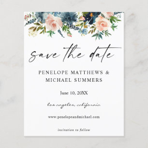 Prospectus 11,4 Cm X 14,2 Cm Budget Navy & Fleurs Roses Save the Date V2 Photo