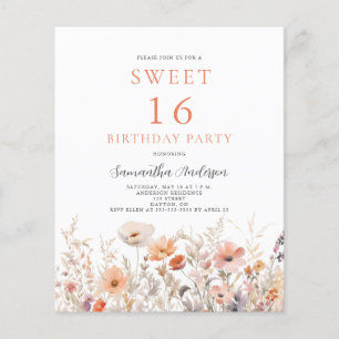 Prospectus 11,4 Cm X 14,2 Cm Budget Pêcher Floral Sweet 16 Anniversaire Invitat