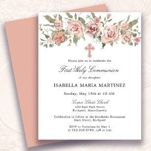 Prospectus 11,4 Cm X 14,2 Cm Budget Pink Floral First Holy Communion Invitation