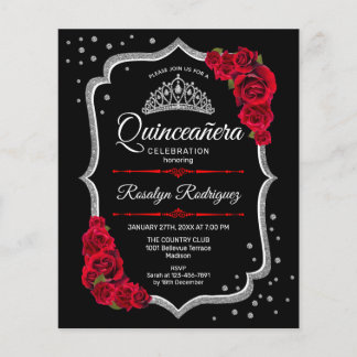 Prospectus 11,4 Cm X 14,2 Cm Budget Quinceanera - Black Silver Red Invitation