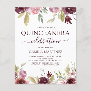 Prospectus 11,4 Cm X 14,2 Cm Budget Quinceanera Bourgogne Blush Rose Floral