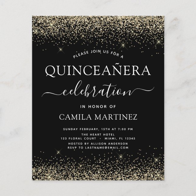 Prospectus 11,4 Cm X 14,2 Cm Budget Quinceanera Gold Black Parties scintillant  (Devant)