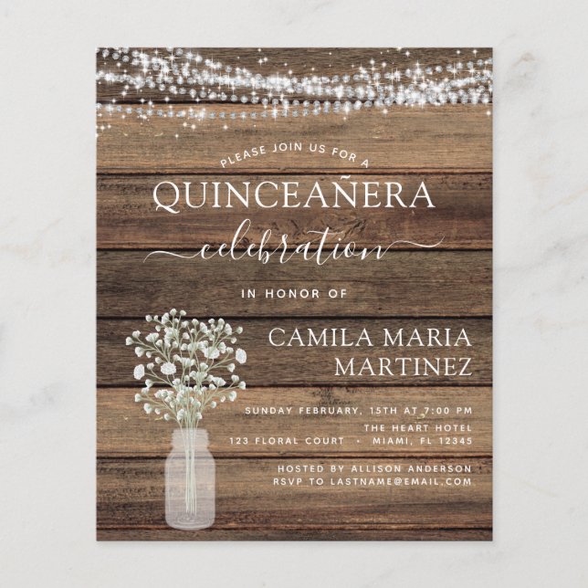 Prospectus 11,4 Cm X 14,2 Cm Budget Quinceanera Rustic Baby's Breath Invitation (Devant)