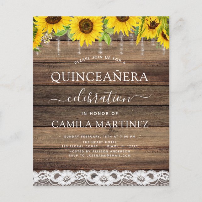 Prospectus 11,4 Cm X 14,2 Cm Budget Quinceanera tournesol Invitation rustique (Devant)