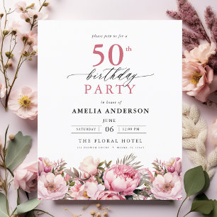 Prospectus 11,4 Cm X 14,2 Cm Budget rose floral 50e anniversaire Invitation