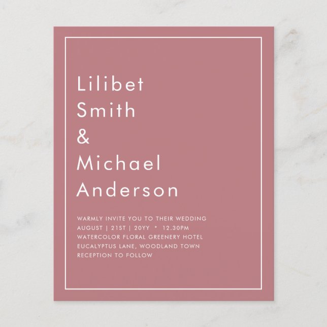 Prospectus 11,4 Cm X 14,2 Cm BUDGET Rose Poussiéreux MARIAGE MONOCHROME (Devant)