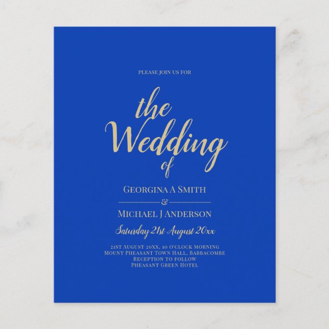 Prospectus 11,4 Cm X 14,2 Cm Budget Royal Blue Monochrome Mariage INVITE (Devant)