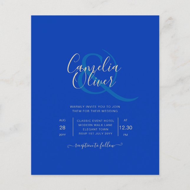 Prospectus 11,4 Cm X 14,2 Cm Budget Royal Blue Monochrome Mariage INVITE (Devant)