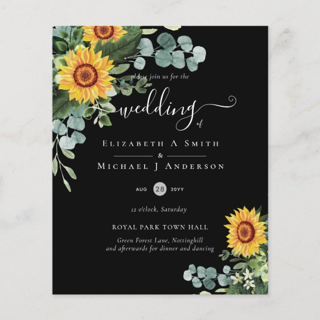 Prospectus 11,4 Cm X 14,2 Cm BUDGET Rustic Sunflowers Eucalyptus Leaves Wedding (Devant)