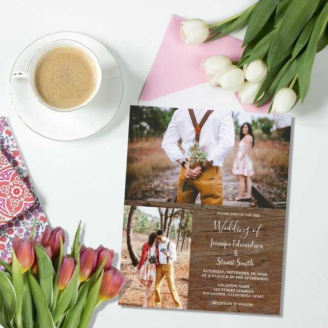 Prospectus 11,4 Cm X 14,2 Cm Budget rustic wood photo wedding invitation (Budget rustic wood photo wedding invitation flyer. You can add your own photos to personalize.)