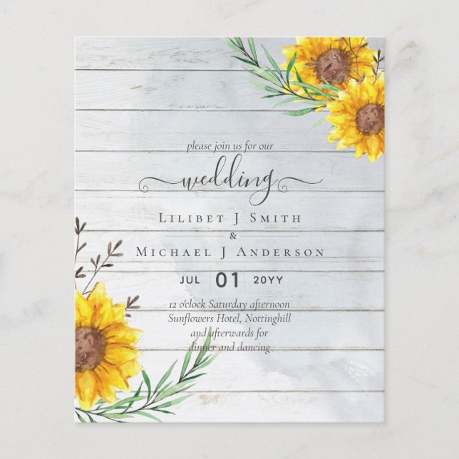 Prospectus 11,4 Cm X 14,2 Cm Budget Sunflowers Rustic Woodland Garden Mariage (Devant)