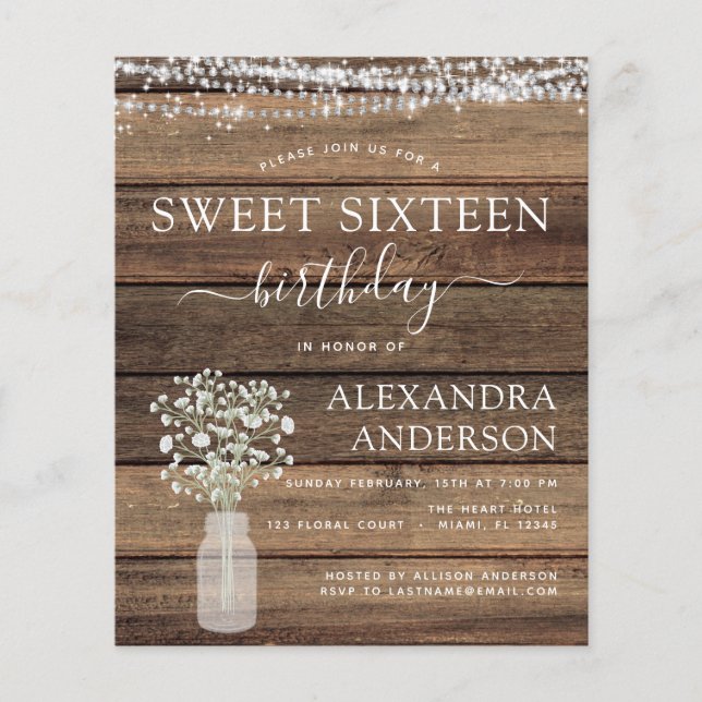 Prospectus 11,4 Cm X 14,2 Cm Budget Sweet 16 Anniversaire Rustique Invitation (Devant)