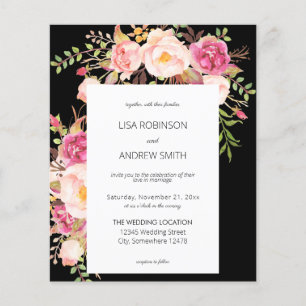 Prospectus 11,4 Cm X 14,2 Cm Carte de mariage florale rose pastel sur fond noir