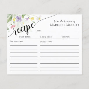 Prospectus 11,4 Cm X 14,2 Cm Carte Recette Fleurs sauvages d'aquarelle simple e