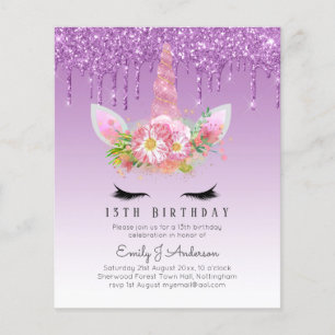 Prospectus 11,4 Cm X 14,2 Cm Cartes d'invitation Licorne Fille Rose Pailleté BU