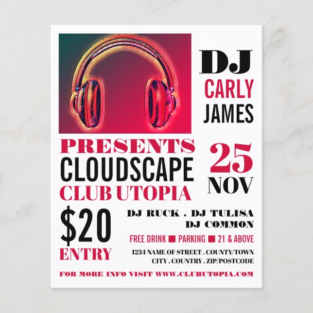 Prospectus 11,4 Cm X 14,2 Cm Casques, DJ, Club Event Advertising Flyer (Devant)