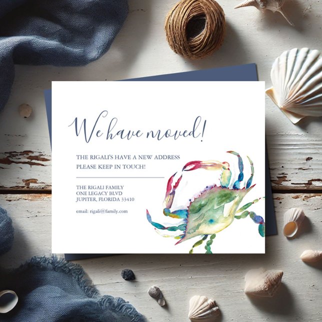 Prospectus 11,4 Cm X 14,2 Cm Changement d'adresse budgétaire Crabe d'aquarelle (Printed moving announcements watercolor blue crab art by Victoria Grigaliunas of Do Tell A Belle)