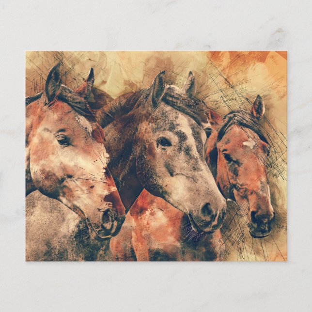 Prospectus 11,4 Cm X 14,2 Cm Chevaux Peinture d'aquarelle artistique (Devant)