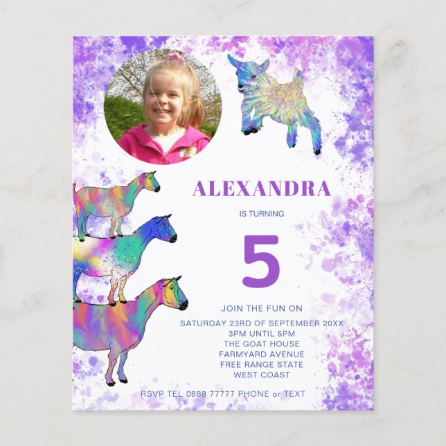 Prospectus 11,4 Cm X 14,2 Cm Chèvres 5Anniversaire Photo Purple Invitation Budg (Devant)