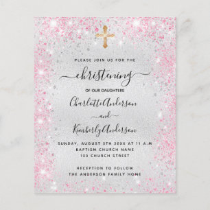 Prospectus 11,4 Cm X 14,2 Cm Christening argent rose jumeaux invitation budget