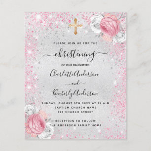 Prospectus 11,4 Cm X 14,2 Cm Christening filles argent jumelles invitation budg