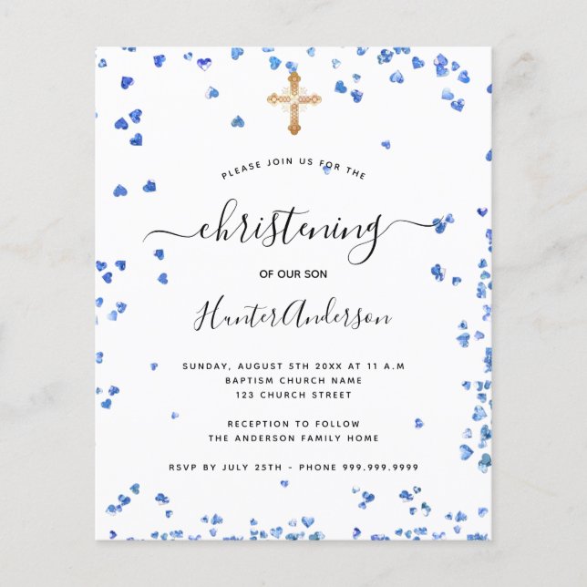 Prospectus 11,4 Cm X 14,2 Cm Christening garçon bleu coeur budget invitation (Devant)