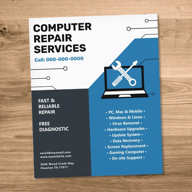 Prospectus 11,4 Cm X 14,2 Cm Computer Repair Services Blue  (Computer Repair Services Blue Flyer)