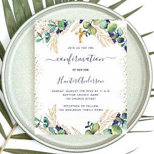Prospectus 11,4 Cm X 14,2 Cm Confirmation eucalyptus vert invitation bleue